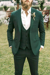 Dark Green Three-Piece Wedding Suit For Men Tailored Fit With Single-Breasted Two-Button Design