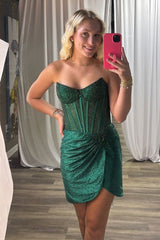 Dark Green Tight Homecoming Dresses Ruched Short Corset Cocktail Dresses With Beading