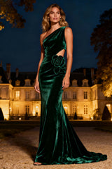 Dressystars Dark Green Velvet Mermaid Cut-Out Long Holiday Party Dress With 3D Flower
