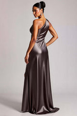 Dressystars Women Dark Grey Formal Dress One Shoulder Long Satin Wedding Guest Dress With Slit Dressystars Women Dark Grey Formal Dress One Shoulder Long Satin Wedding Guest Dress With Slit