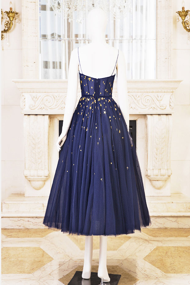 Dark Homecoming Dress Blue Tulle Tea Length Short Party Cocktail Dress