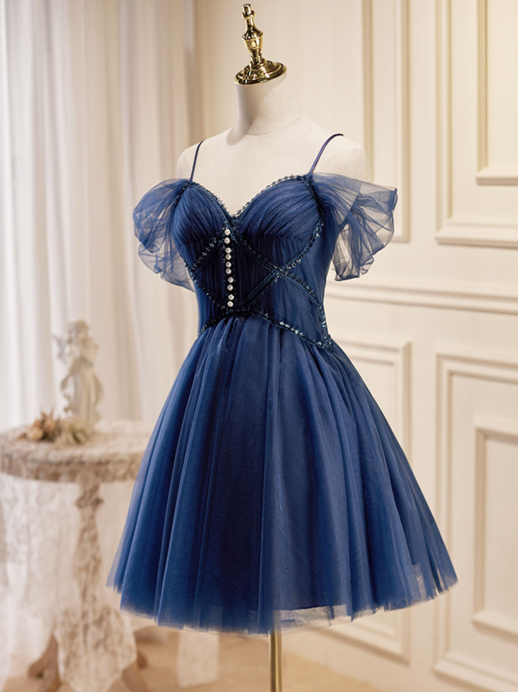 Dark Homecoming Dress Blue V Neck Tulle Short Party Cocktail Dress