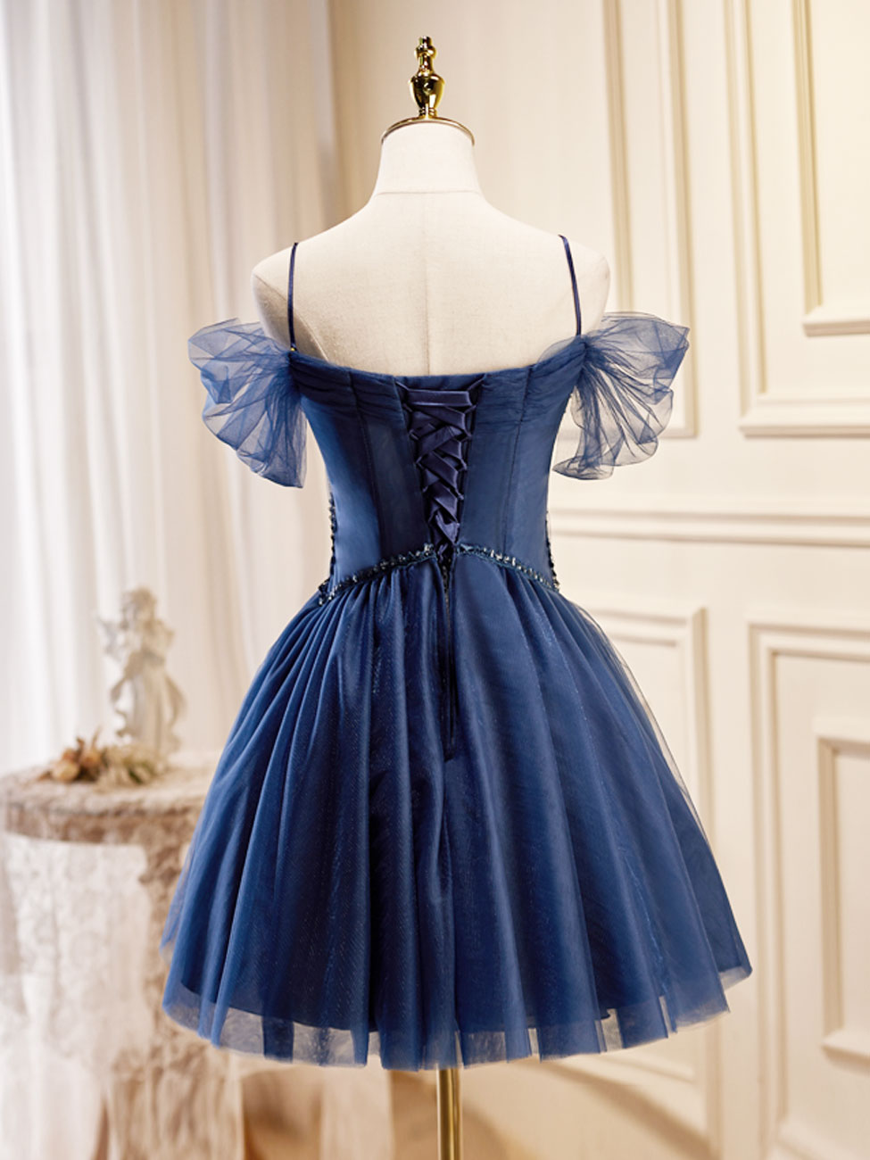Dark Homecoming Dress Blue V Neck Tulle Short Party Cocktail Dress