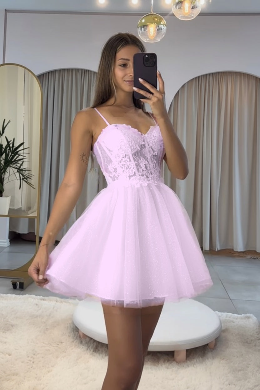 Dark Navy Homecoming Dress Spaghetti Straps Sleeveless Short A-Line Cocktail Dress With Appliques