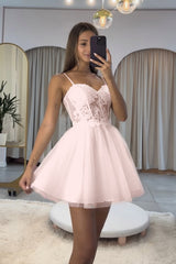 Dark Navy Homecoming Dress Spaghetti Straps Sleeveless Short A-Line Cocktail Dress With Appliques