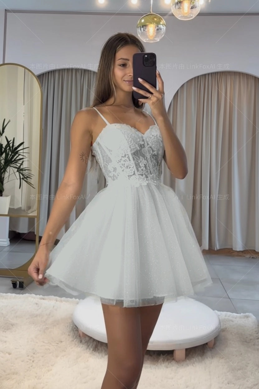 Dark Navy Homecoming Dress Spaghetti Straps Sleeveless Short A-Line Cocktail Dress With Appliques