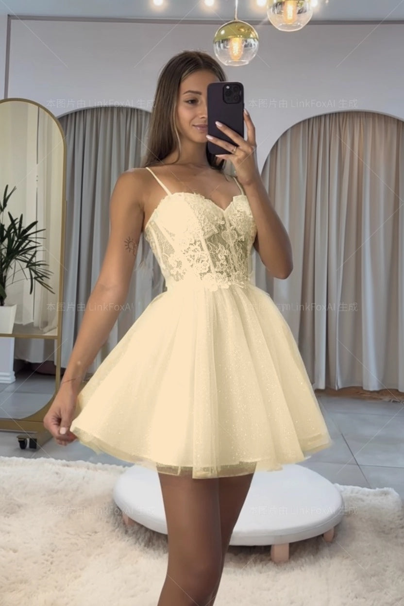 Dark Navy Homecoming Dress Spaghetti Straps Sleeveless Short A-Line Cocktail Dress With Appliques