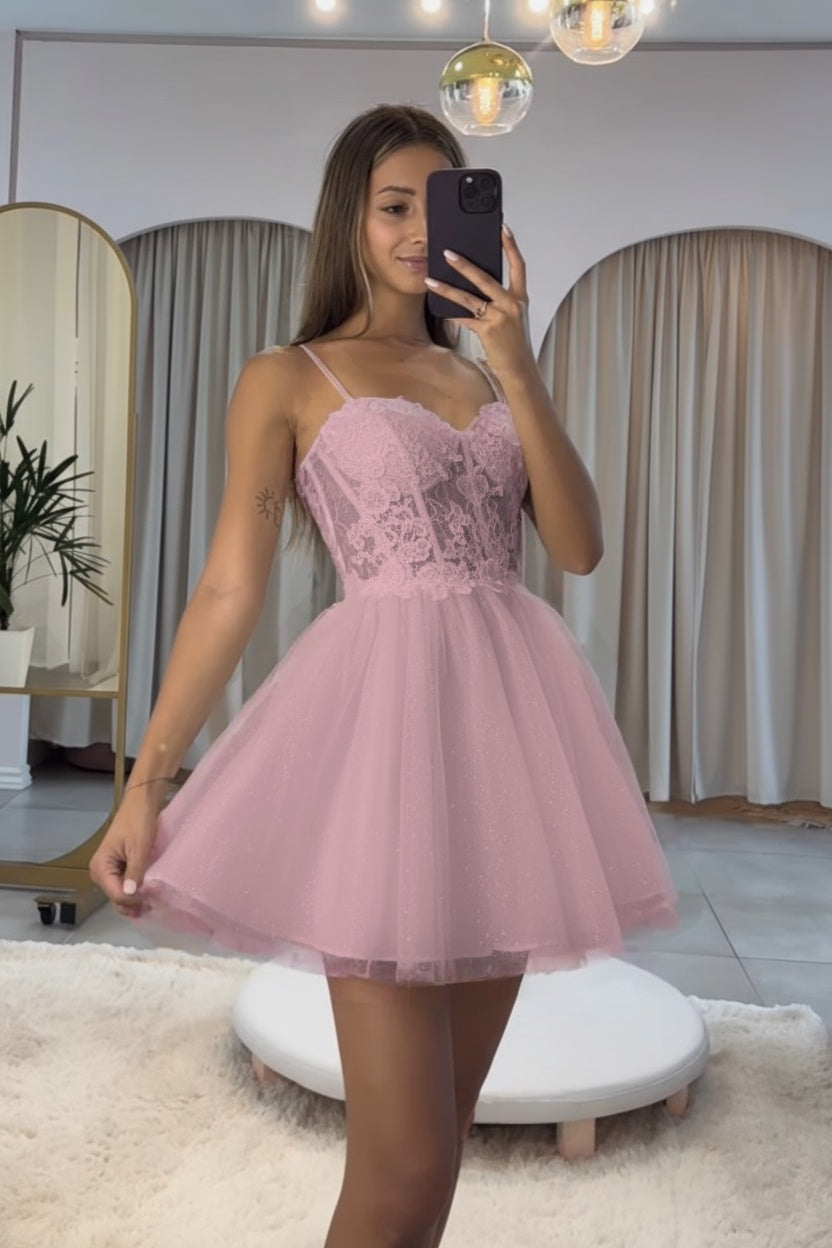 Dark Navy Homecoming Dress Spaghetti Straps Sleeveless Short A-Line Cocktail Dress With Appliques