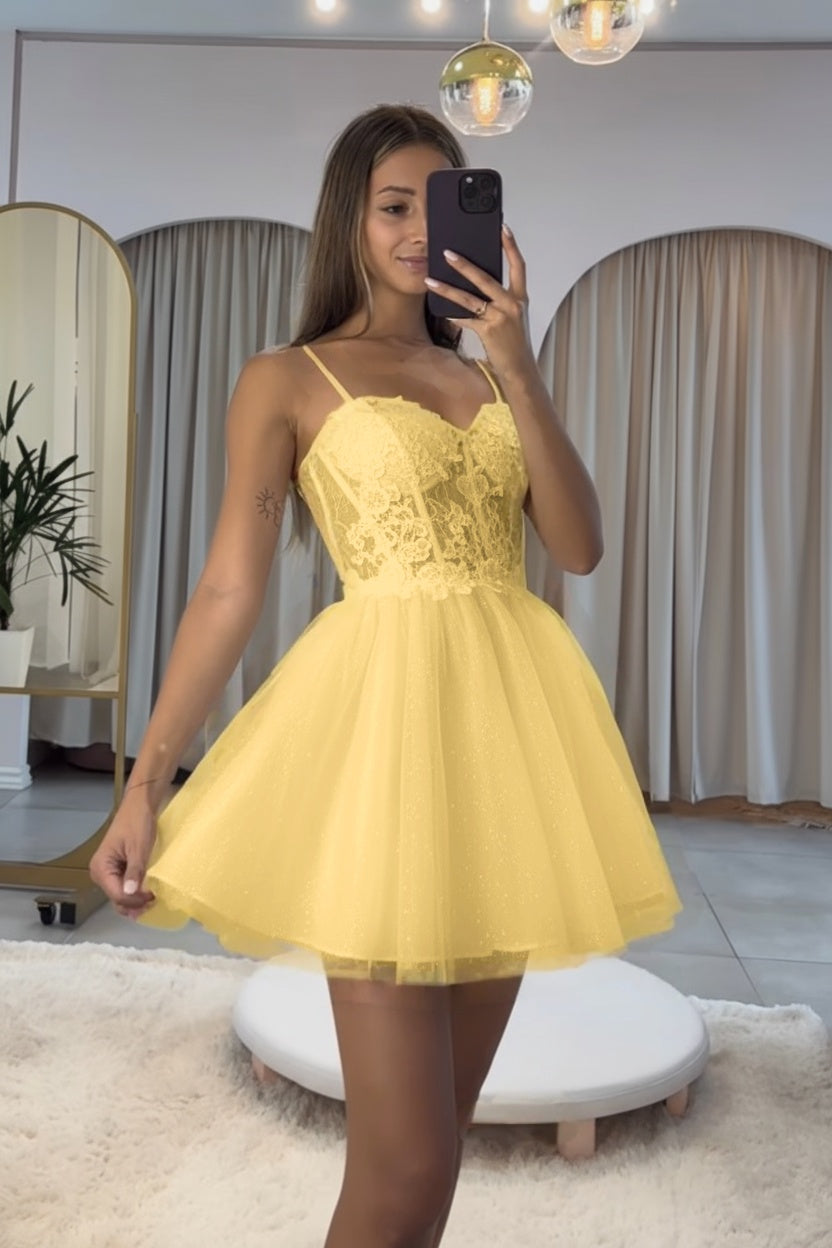 Dark Navy Homecoming Dress Spaghetti Straps Sleeveless Short A-Line Cocktail Dress With Appliques