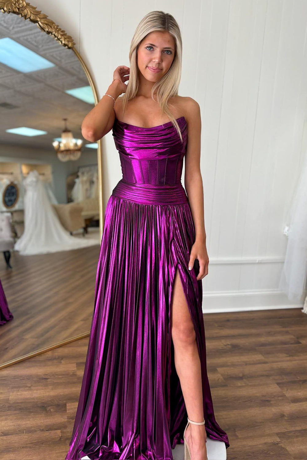 Dark Purple Prom Dress Pleated A Line Strapless Long Evening Dress with Slit