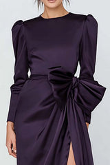 Dressystars Dark Purple Sheath Ruched Crew Neck Long Sleeves Prom Dress With Slit
