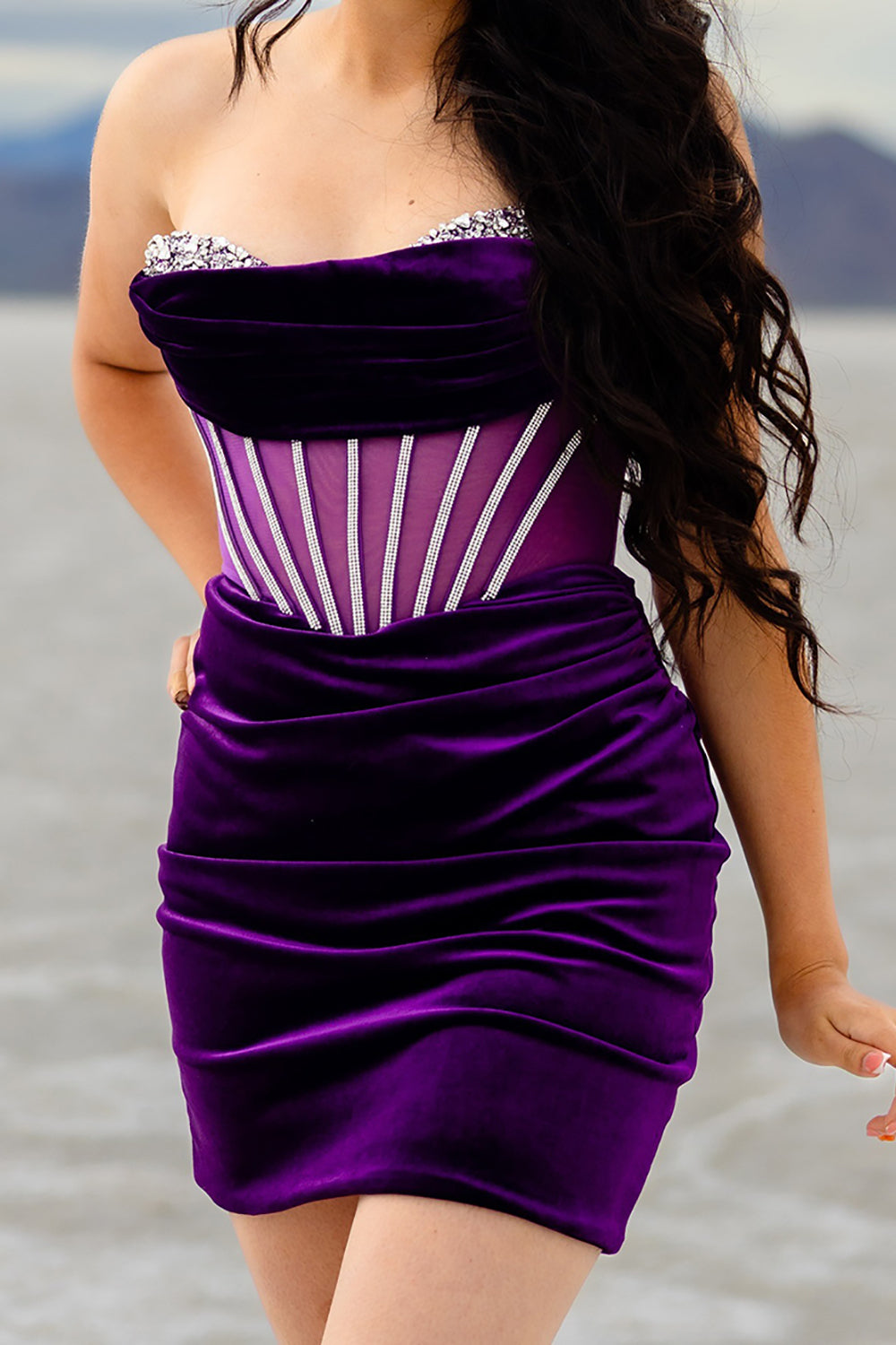 Dark Purple Tight Velvet Party Dresses Short Corset Cocktail Dresses With Beading