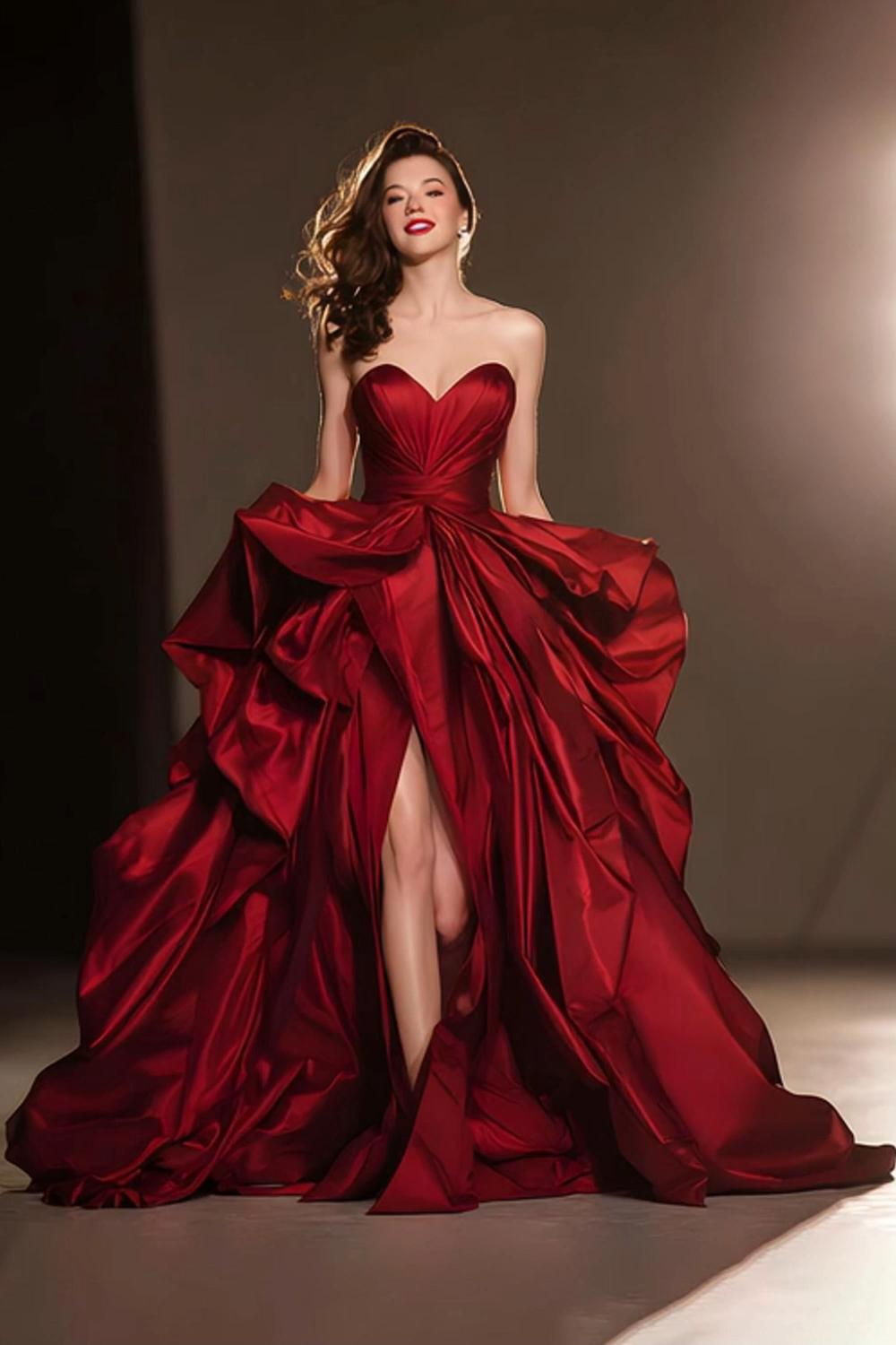 Dressystars Dark Red Ball Gown Ruffled Sweetheart Long Pageant Dress With Slit