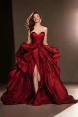 Dressystars Dark Red Ball Gown Ruffled Sweetheart Long Pageant Dress With Slit