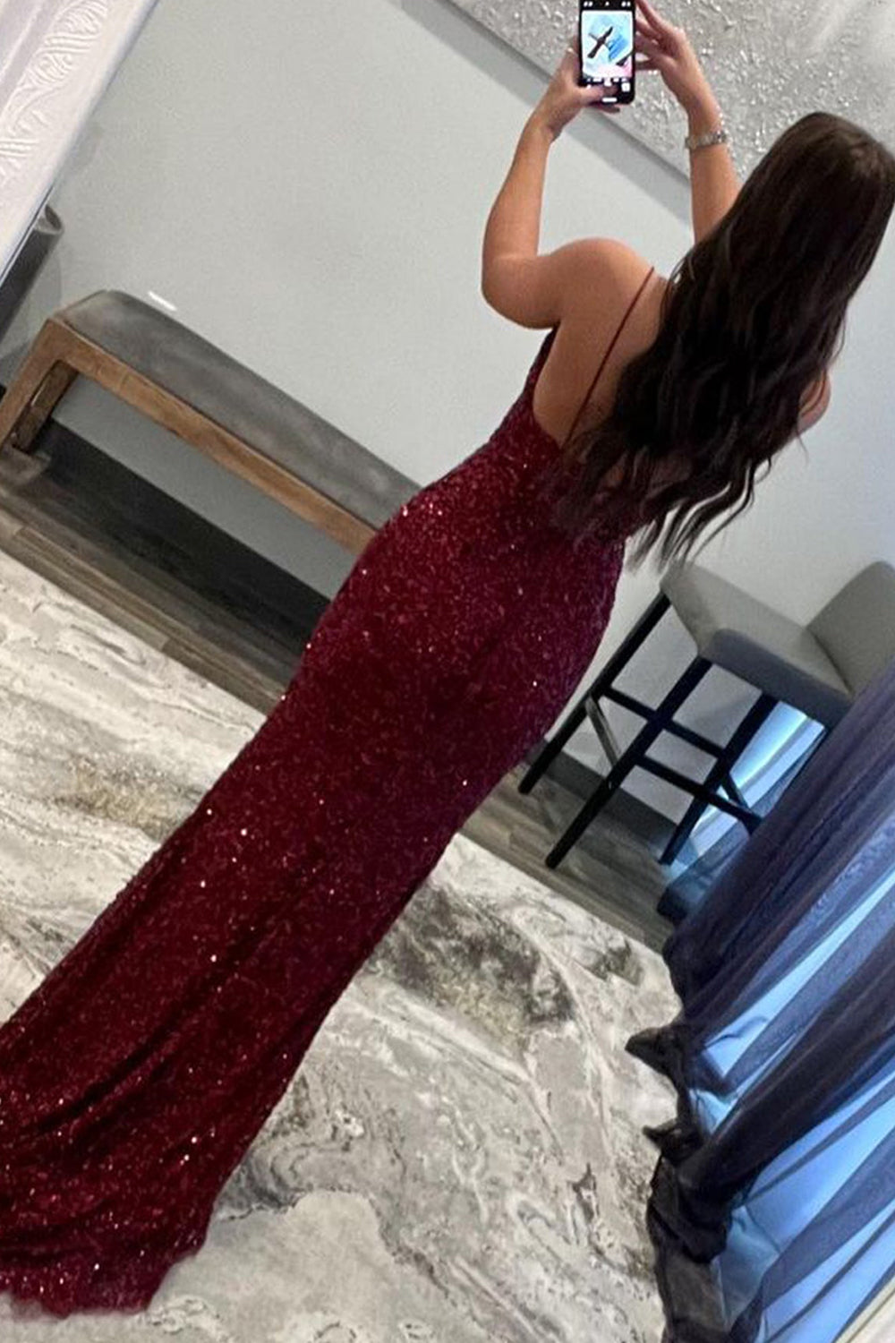 Dark Red Prom Dress Sequined Long Evening Dress with Slit