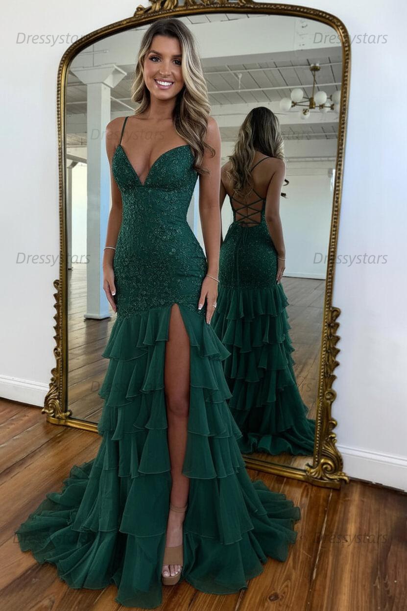 Dressystars Yellow Mermaid Spaghetti Straps Lace Up Long Prom Dress With Ruffle Skirt Formal Evening Gown