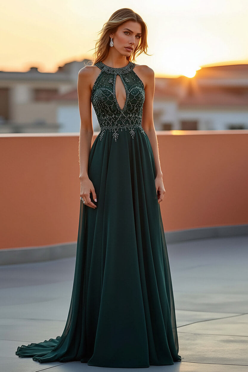 Dressystars Beaded Navy Wedding Guest Dress Halter Long Formal Dress With Embroideries