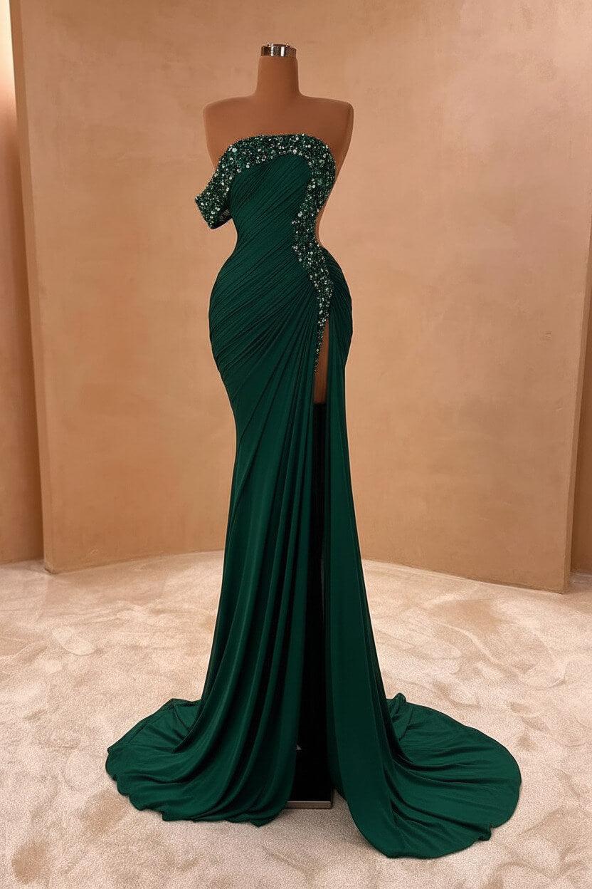 Blue Mermaid Prom Dress Cap Sleeve One Shoulder Formal Dress With Beadings and Rhinestones
