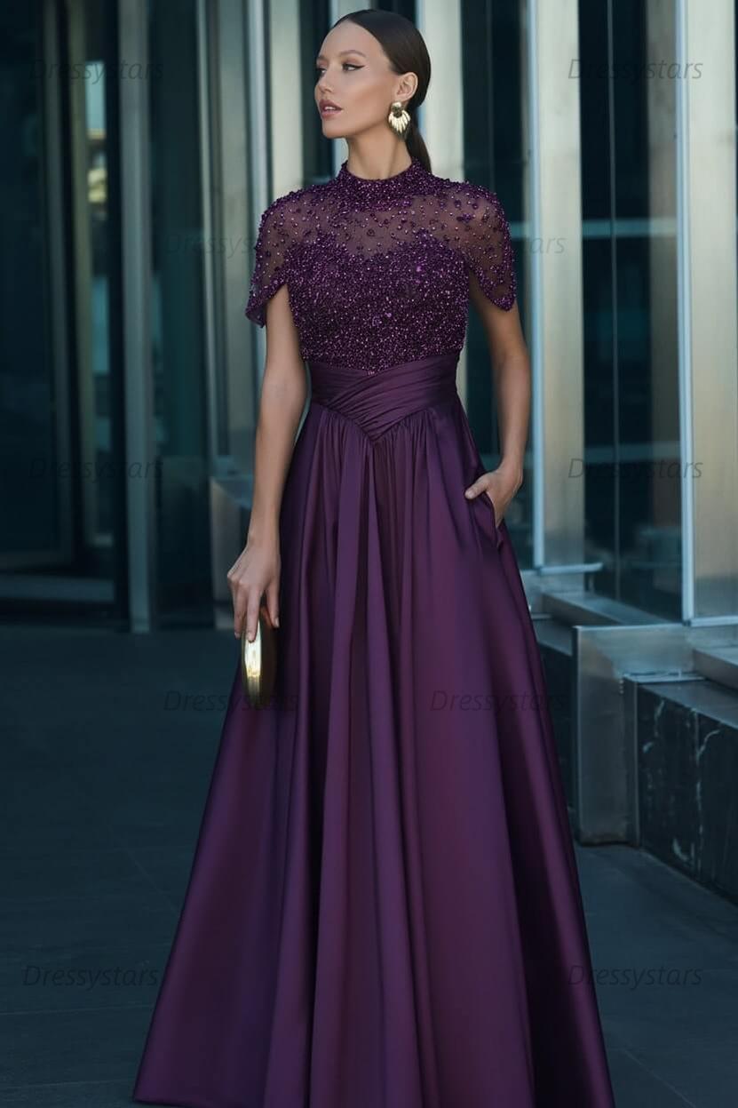 Green A Line Prom Dress Short Sleeve High Neck Formal Dress With Beadings and Rhinestones