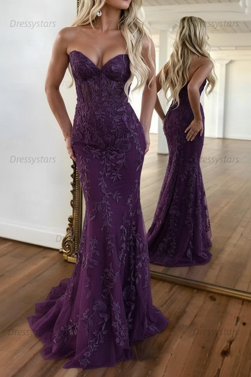 Lilac Prom Dress Corset Sweetheart Lace Mermaid Evening Formal Gown