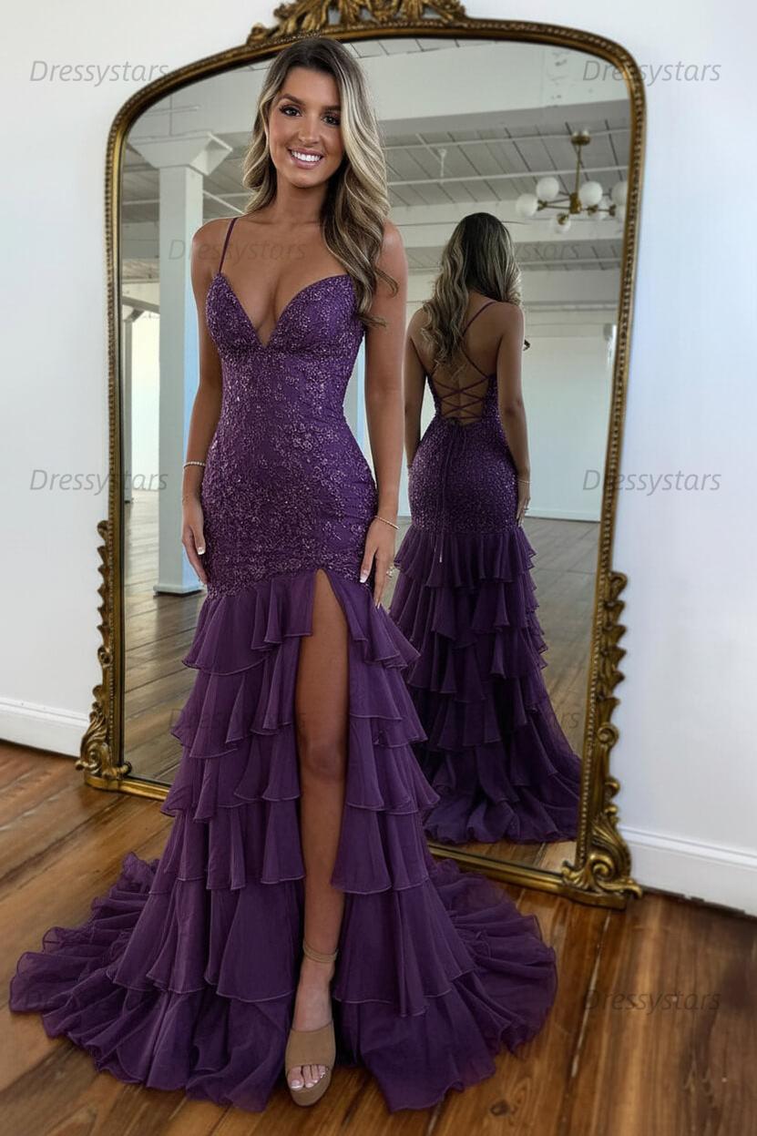 Dressystars Yellow Mermaid Spaghetti Straps Lace Up Long Prom Dress With Ruffle Skirt Formal Evening Gown