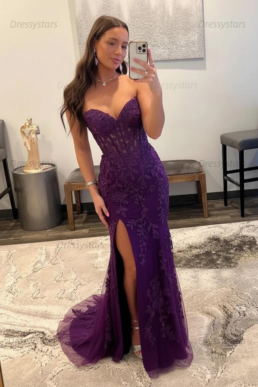Black Prom Dress Corset Sweetheart Long Lace Mermaid Evening Dress with Slit