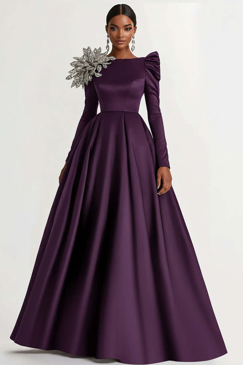 Dressystars A-Line Long Black Wedding Guest Dress Satin Boat Neck Formal Dress With Long Sleeves