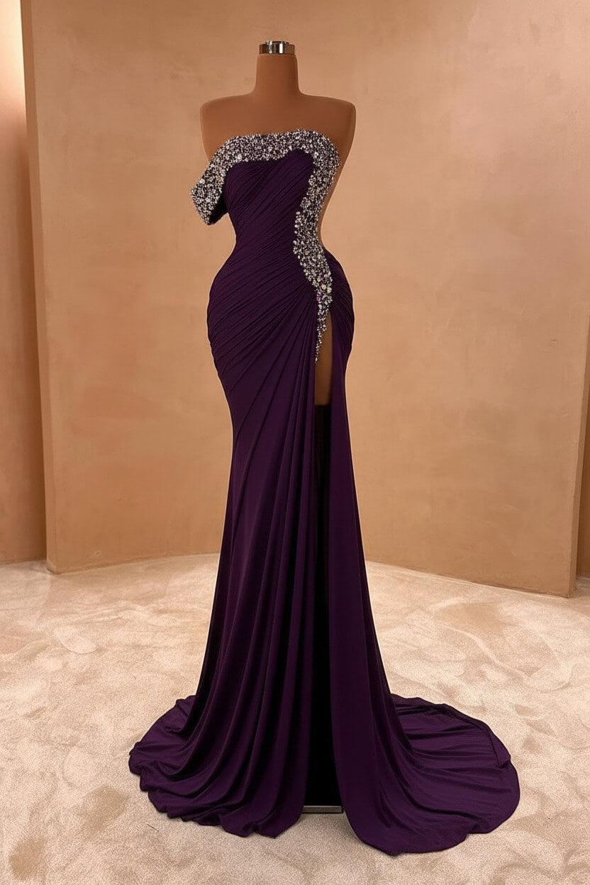 Blue Mermaid Prom Dress Cap Sleeve One Shoulder Formal Dress With Beadings and Rhinestones