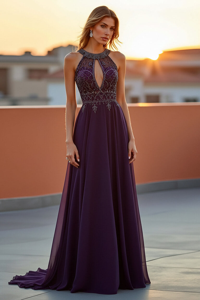 Dressystars Beaded Navy Wedding Guest Dress Halter Long Formal Dress With Embroideries