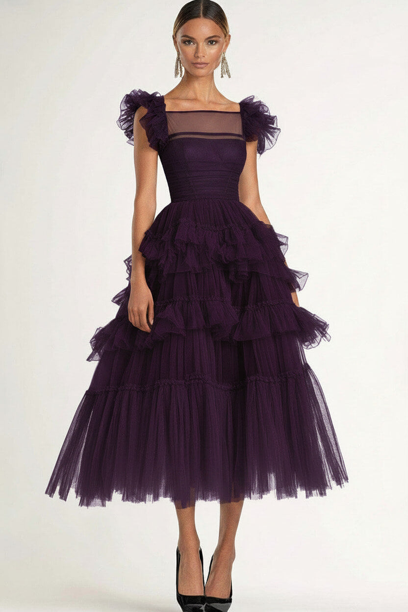 Dressystars Tea Length Black Wedding Guest Dress A-Line Flatter Sleeves Tulle Formal Dress With Ruffles