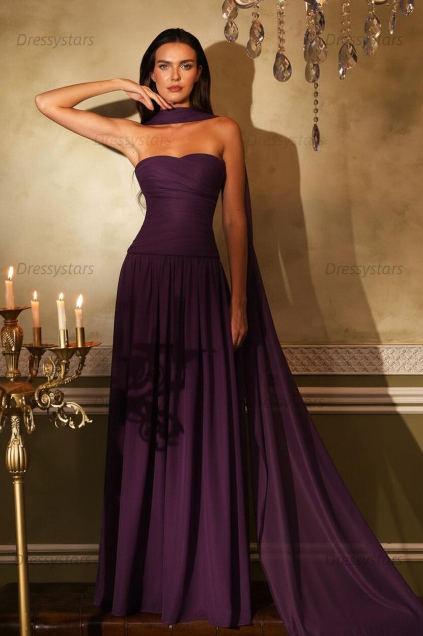 Orange A Line Prom Dress Sleeveless Strapless Formal Dress