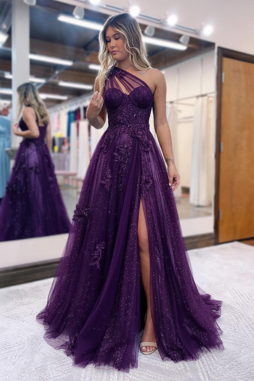 fitted lace wedding dress Simple V Neck Floor Length Purple Prom Dress with Slit, Purple Formal –  jbydress main image 1