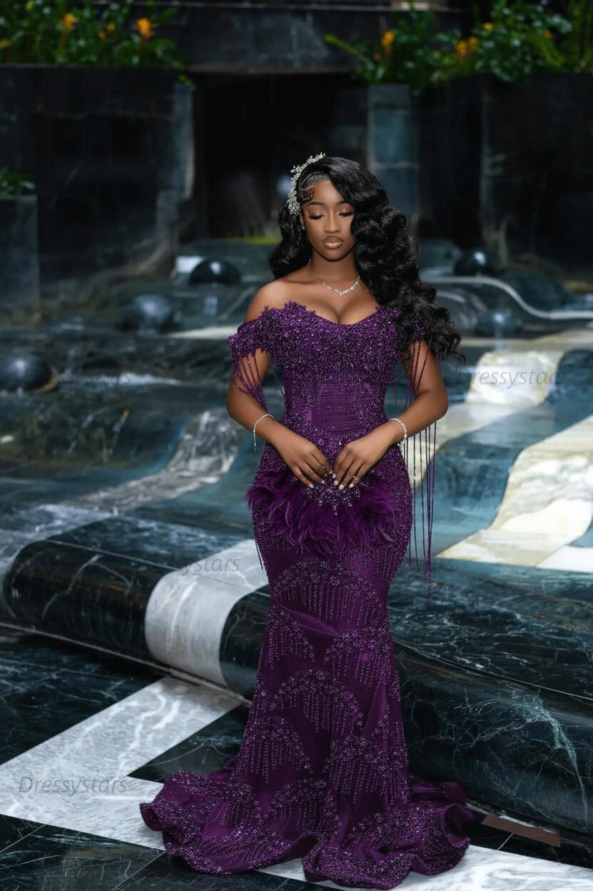 Off the Shoulder Prom Dress Mermaid Formal Evening Dress with Beadings and Rhinestones