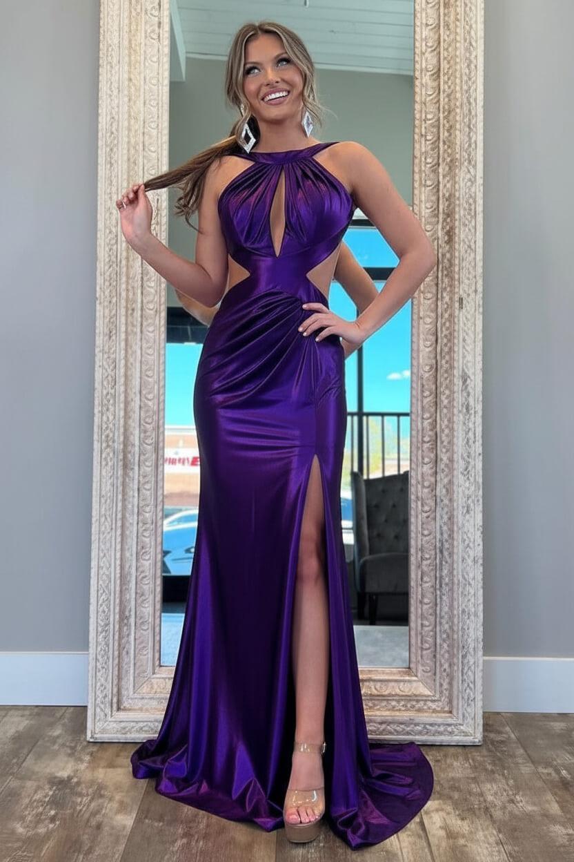 Fuchsia Metallic Mermaid Prom Dress With Slit And Open Back Formal Evening Gown