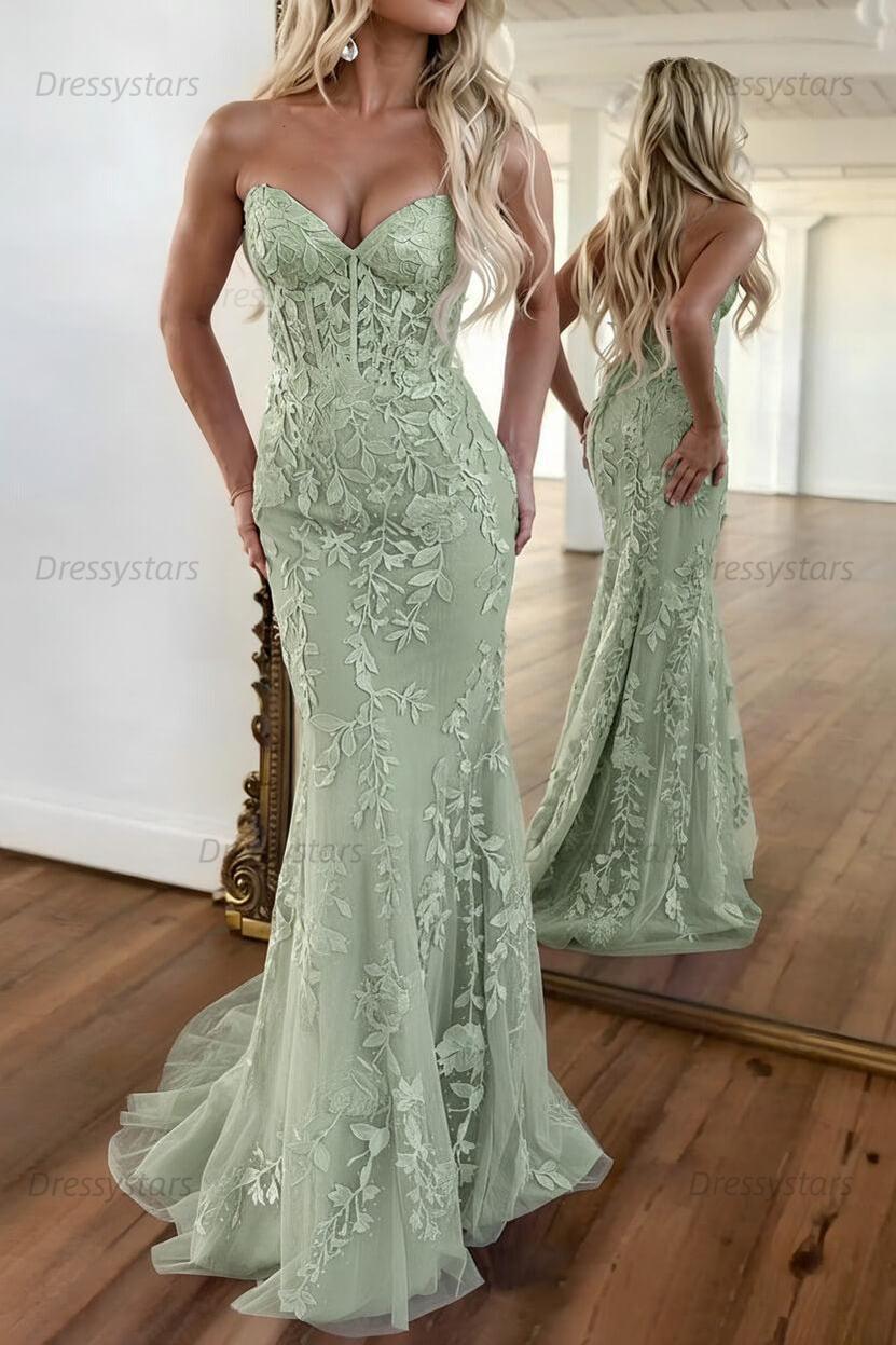 Lilac Prom Dress Corset Sweetheart Lace Mermaid Evening Formal Gown