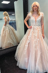 Deep V-Neck A Line Prom Dress Tulle Appliqued Evening Dress with Feathers