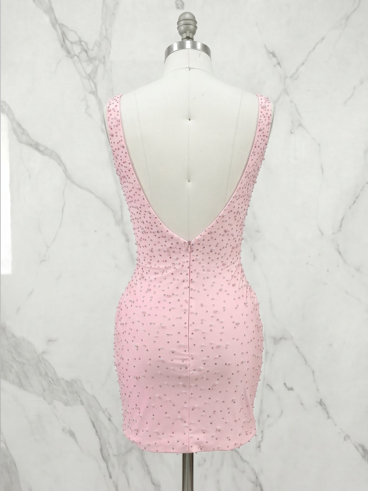 Deep V-Neck Allover Pearl Embellished Bodycon Homecoming Dresses Mini Cocktail Dress