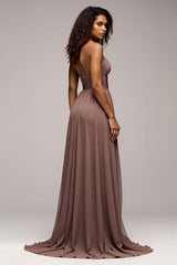 Deep V-Neck Chiffon Dusk Long Formal Dress With Slit