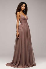 Deep V-Neck Chiffon Dusk Long Formal Dress With Slit