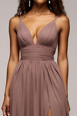 Deep V-Neck Chiffon Dusk Long Formal Dress With Slit