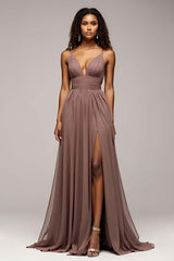 Deep V-Neck Chiffon Dusk Long Formal Dress With Slit