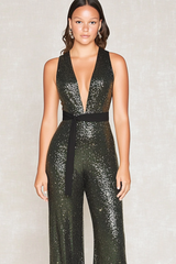 Deep V-Neck Olive Wedding Guest Dress Gala Jumpsuits With Belt