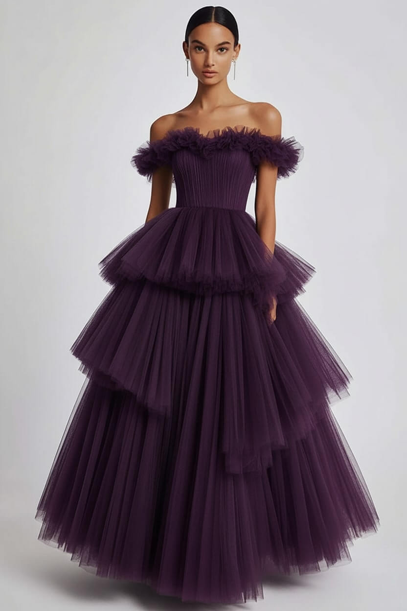 Dusty Sage Formal Dress Tulle Off The Shoulder Ball Gown Wedding Guest Dress With Ruffles