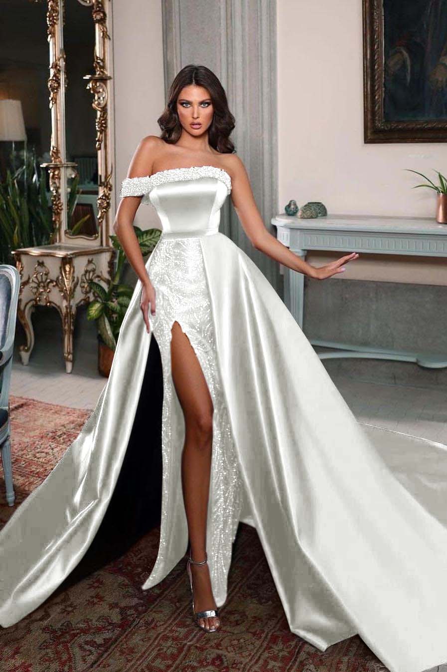 Detachable Train Prom Dress Cap Sleeve One Shoulder Formal Dress With Beadings and Rhinestones