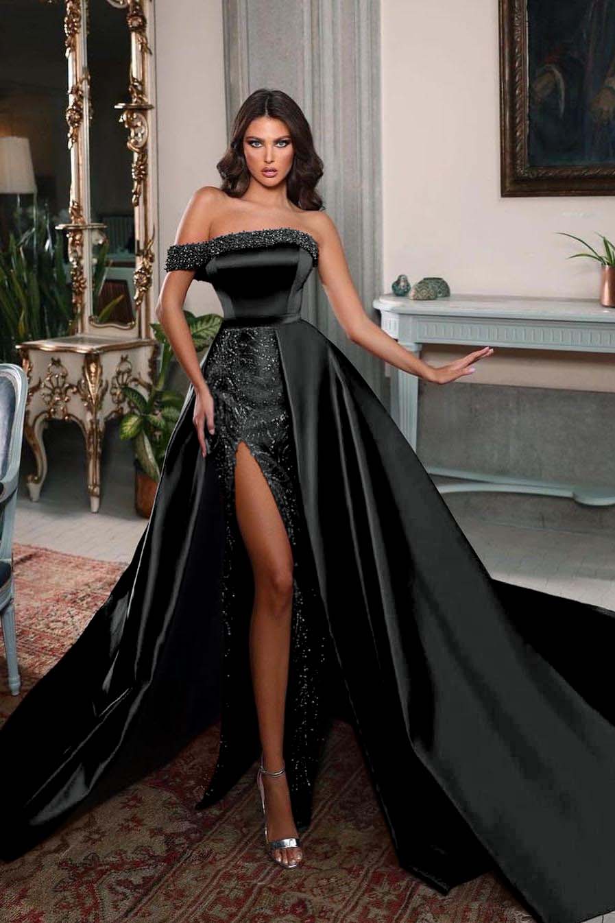 Detachable Train Prom Dress Cap Sleeve One Shoulder Formal Dress With Beadings and Rhinestones