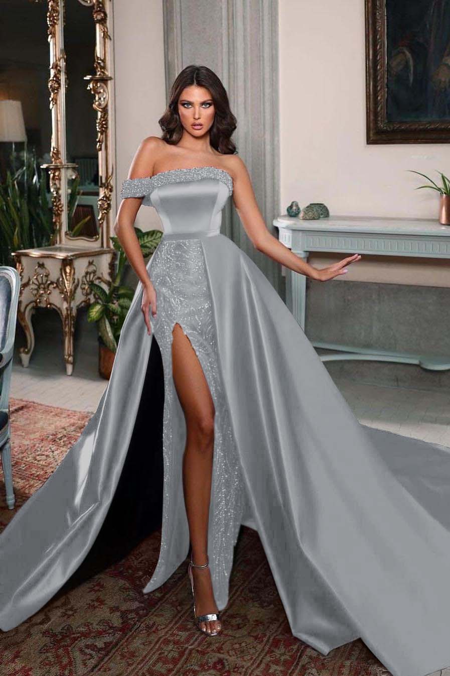 Detachable Train Prom Dress Cap Sleeve One Shoulder Formal Dress With Beadings and Rhinestones