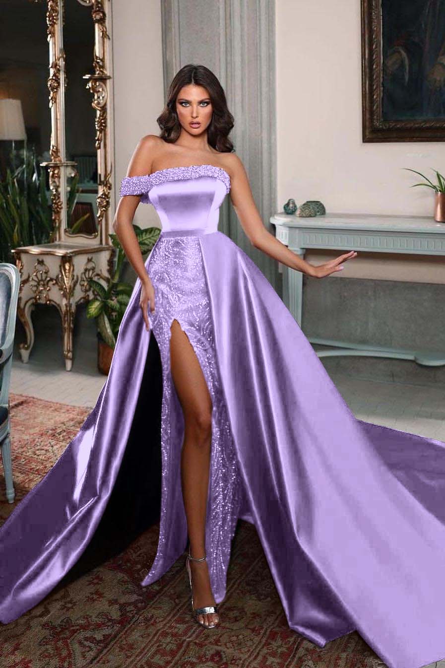 Detachable Train Prom Dress Cap Sleeve One Shoulder Formal Dress With Beadings and Rhinestones