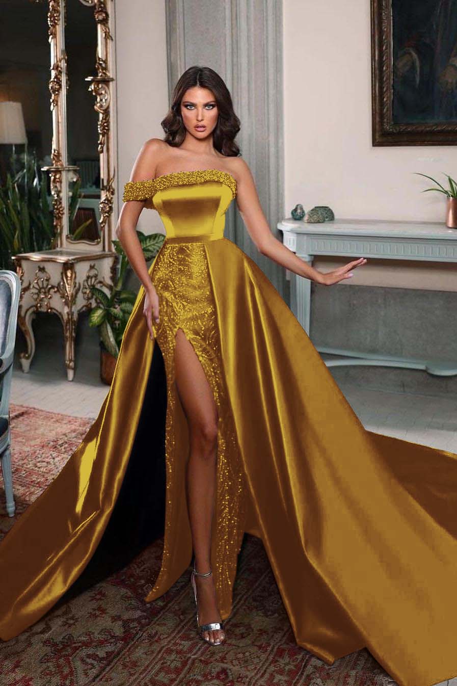 Detachable Train Prom Dress Cap Sleeve One Shoulder Formal Dress With Beadings and Rhinestones