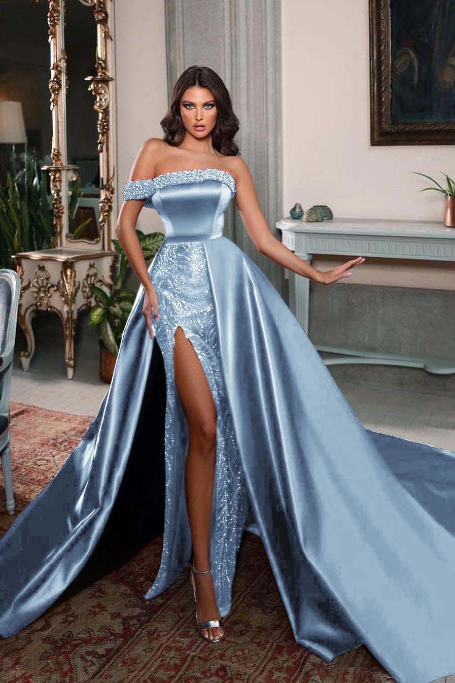 Detachable Train Prom Dress Cap Sleeve One Shoulder Formal Dress With Beadings and Rhinestones