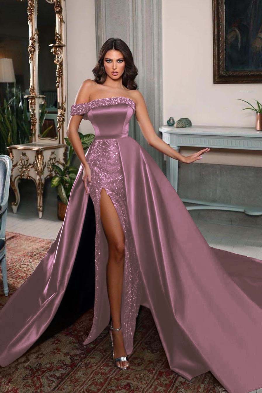 Detachable Train Prom Dress Cap Sleeve One Shoulder Formal Dress With Beadings and Rhinestones